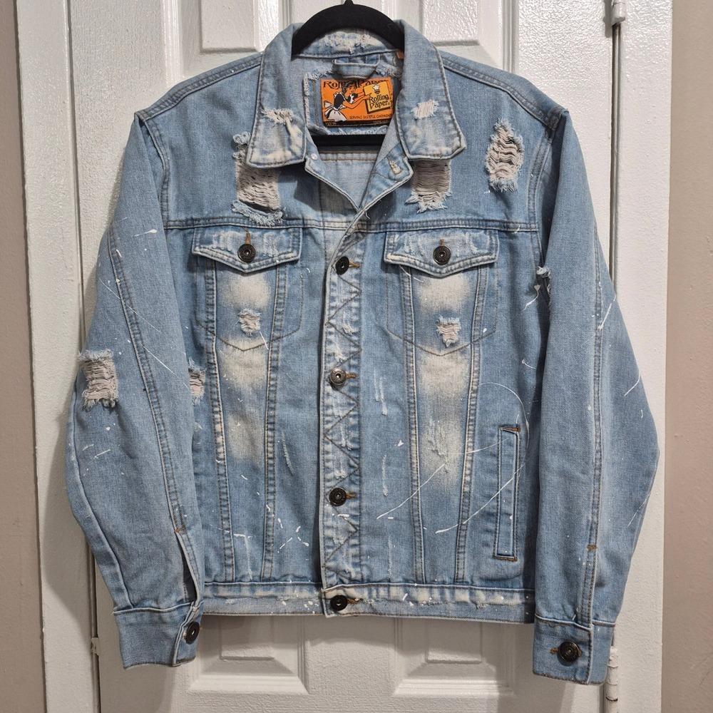 Rolling Paper Mens Distressed Denim Jacket Light Wash Paint Splatter Size M